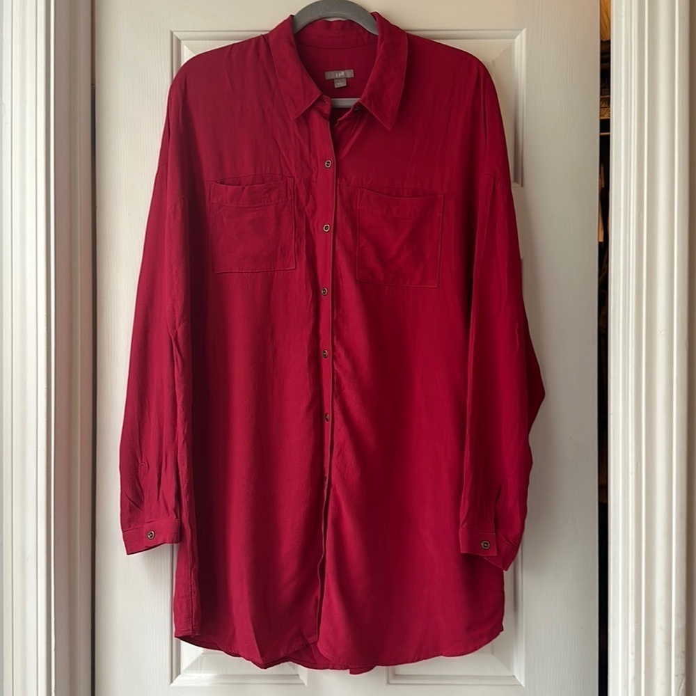 J Jill red long sleeve rayon button down large with pockets